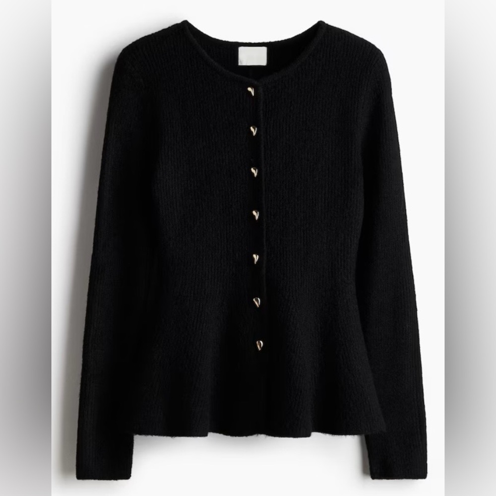 H&M Black Rib Knit Cardigan Sweater Gold Geometric Buttons Peplum L NWT